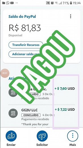 PROVA DE PAGAMENTO NO PAYPAL SITE GG2U $7,22 Como Ganhar Dinheiro no Paypal