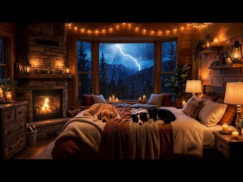 Thunderstorm Night 🌩️ Cozy Cabin with Rain on Windows & Fireplace 🔥