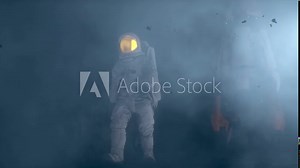 Astronaut walking on a foggy alien planet. CG Animation.