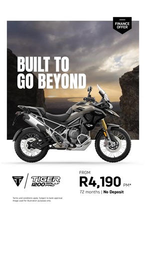 Built for endless adventure. The Tiger 1200 Rally Pro offers performance and endurance, now with a reduced interest rate of 6.00%. | Triumph Motorcycles South Africa