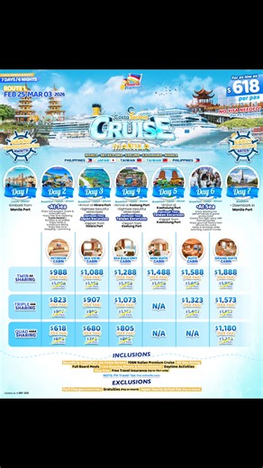 Costa Serena: The Grand Reveal! ✨🌊 Not one. Not two. But THREE spectacular voyages await this March 2026! 🚢🌏 From the Philippines to Japan 🇯🇵, Taiwan 🇹🇼, and South Korea 🇰🇷, witness a breathtaking blend of cultures, flavors, and wonders. All while sailing aboard the newly transformed Costa Serena—VISA-FREE‼️ And the best part? This comes with our ULTIMATE Early Bird Promo! Don’t miss this once-in-a-lifetime chance to sail premium at the lowest possible rate. 💥 BOOK NOW! ✨ 🚢 GUARANTEED