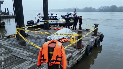 Forensic Investigation on River Dock with Police Boat and Evidence Markers Crime Scene Investigation at River Dock