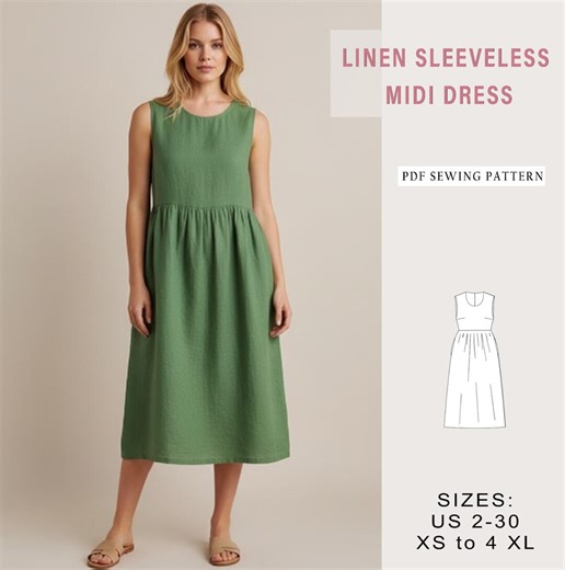 Sleeveless Linen Midi Dress, Linen Gathered Summer Dress Sewing Pattern, Empire Waist, Sundress Pattern, Milkmaid Dress, XS-4XL - Etsy