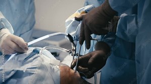 A team of professional surgeons and in uniform work in the operating room, performing an operation. Teamwork of a surgeon in the operating room, modern surgical technologies, surgical treatment.