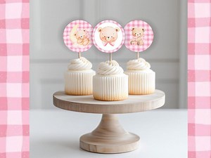 Baby's Beary First Birthday Cupcake Toppers Teddy Bear Pink Gingham 1st Birthday Dessert Topper Editable Template Printable Digital Download - Etsy