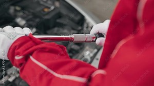 Mechanic adjusting torque wrench in car service to tighten bolts after replacing engine