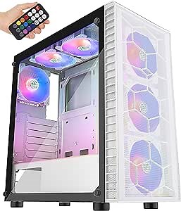 MUSETEX Mesh ATX Mid-Tower Computer Gaming Case with 6 PCS × 120mm LED ARGB Fans USB 3.0 Port Mesh Front Panel & Tempered Glass PC Chassis with Remote Control (White, G05MN6-BW)