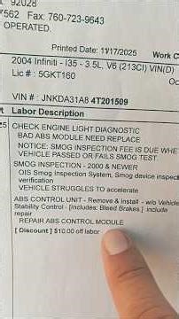 u1001, p1212 p1651 abs break module repair to clear check engine light on an infinity i35 2004.