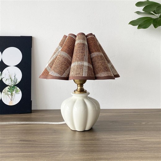 Handmade Ceramic Table Lamp With Plaid Petal Shade, 3 Color Bedside Lamp, Vintage Nightstand Light, Cozy Bedroom Decor - Etsy