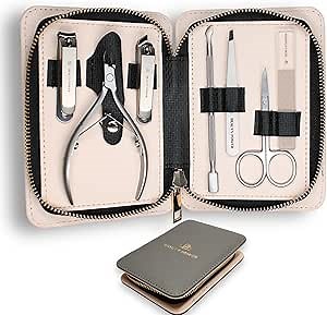 Manicure Pedicure Set 7-in-1 Stainless Steel, Ultra Sharp, Slanted Nail Clipper, Fingernail Clipper, Cuticle Nipper, Glass Nail File, Eyebrow Tweezers, Scissors, Case – Valentine's Gift