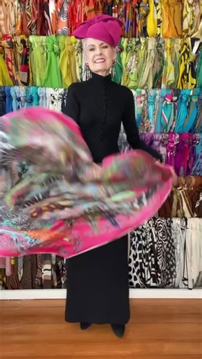 Silk Scarf Styling | Stunning Judith showing the Pink Peacock Feathers Silk Scarf | Facebook