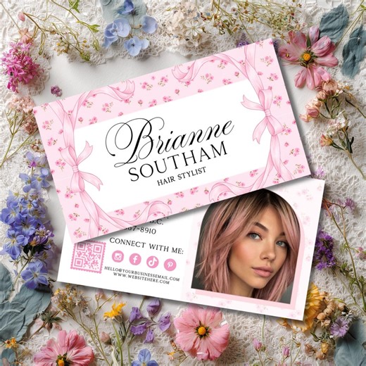 Coquette Pink Bow QR Business Card Canva Template, Floral Hair Stylist Branding Card, Feminine Networking Design- BRI - Etsy