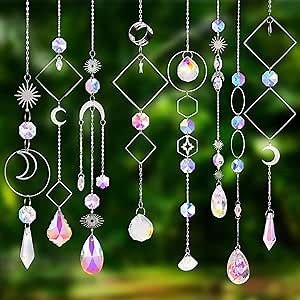 WSICSE 8 Pieces Crystal Suncatcher Kits Sun Catchers DIY Prism Suncatcher, Colorful Hanging Crystals for Indoor Outdoor Decor Garden Home Window Decoration, White,gold