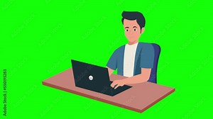 Boy cartoon character using laptop computer new idea bulb Icon 4k animation green screen