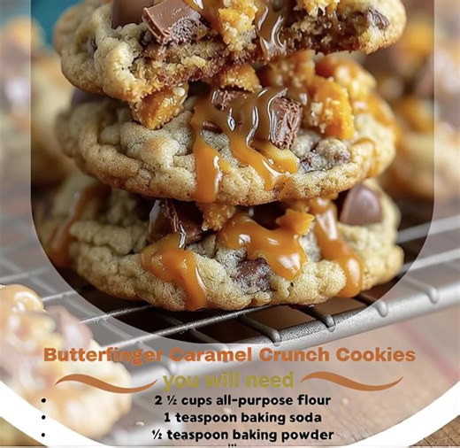 🍪 Butterfinger Caramel Crunch Cookies If you love Butterfingers, these cookies will steal your heart! 💛 Soft, chewy cookies packed with caramel bits, crushed Butterfingers, and melty chocolate chips — every bite is a crunchy, buttery dream come true. 😋 🥘 Ingredients Cookie Dough: ½ cup (1 stick) unsalted butter, softened ½ cup brown sugar ⅓ cup granulated sugar 1 large egg 1 tsp vanilla extract 1½ cups all-purpose flour ½ tsp baking soda ¼ tsp baking powder ¼ tsp salt Mix-Ins: 1 cup chpped B