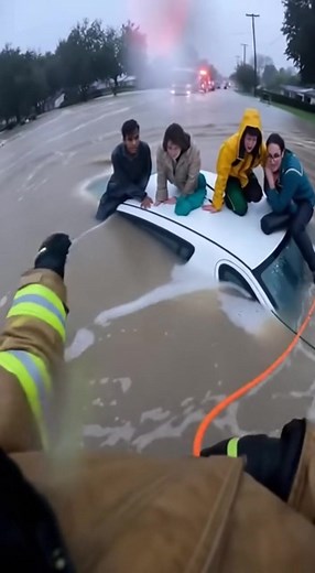 15K views · 50 reactions | A brave firefighter wades through chest-deep floodwaters to rescue a stranded family from their submerged car. The rushing current threatens to sweep everyone away as the hero pulls them to safety one by one. | Stay & Explore: Unforgettable Journeys | Facebook