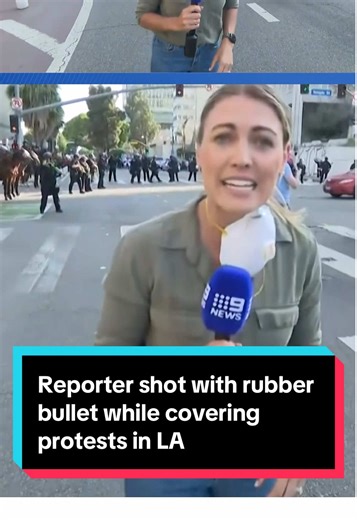 Video footage captured the moment Nine Network reporter Lauren Tomasi was struck by a rubber bullet fired by a police officer standing behind her during a live shot. #nbcla