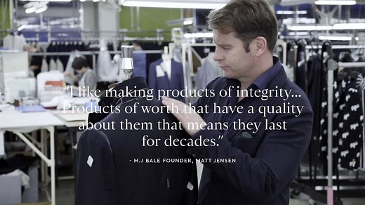 Grown in Australia, woven in Italy and made in Japan, M.J. Bale’s Collection suits are the culmination of a global artisanal journey, and the epitome of our quest to create ‘garments of integrity’. Each Collection suit is created from 100% superfine Australian Merino wool that has been woven into elegant worsted cloth by centuries-old Italian weaver, Vitale Barberis Canonico. Our Japanese tailors in the Iwate Prefecture of Japan then craft each suit over 200-plus stages of production, including