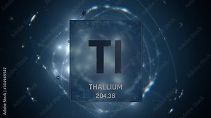 Thallium as Element 81 of the Periodic Table. Seamlessly looping 3D animation on blue illuminated atom design background with orbiting electrons. Design shows name, atomic weight and element number