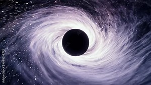 A swirling black hole in space surrounded by bright white light and distant stars in a cosmic vortex illustrating the power and mystery of the universe