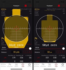 5.56 55gr 36yd vs. 50yd zero side by side comparison using ballistics calculator app