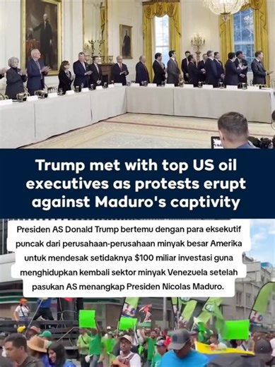 US President Donald Trump met with top executives from major American oil companies to press for at least $100 billion in investments to revive Venezuela’s oil sector after US forces captured President Nicolas Maduro. As talks commenced, attended by leaders from Chevron, Shell, ExxonMobil, ConocoPhillips and others, as well as senior US officials, focused on rebuilding production and infrastructure, thousands of Venezuelans rallied in Caracas to protest and demand Maduro's release.
