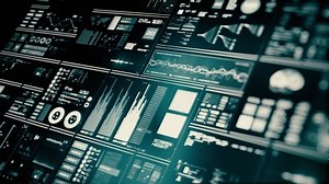 Perspective view of lowpower Futuristic interface/Digital screen.Detailed abstract background with blinking and switching indicators and statuses showing work of command center, processing big data, m