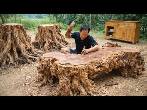 Man Builds Massive DIY Wooden Dining Table & Dish Rack by Hand — Visited by Family | Start to Finish