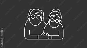 Elderly couple white line animation. Senior lovers animated icon. Shaking head, moving hands. Romantic partners. Isolated illustration on dark background. Transition alpha video. Motion graphic
