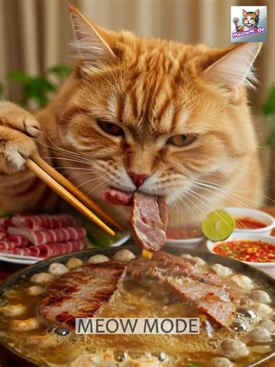 Ginger Cat's Hot Pot BBQ Feast with Chopsticks! 🐱🥩🔥