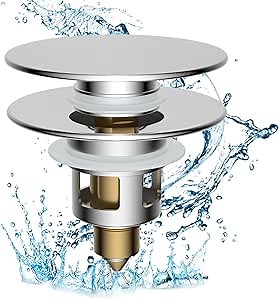 Hibbent All Metal 2 in 1 Bathroom Sink Stopper, Universal Pop Up Drain Strainer, Brass Bullet Core Push Type Sink Stopper for 1.1''~2.3'' Basin, Big Push Button, Anti Clogging Drain Filter, Chrome