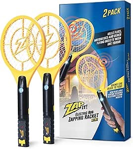 ZAP iT! Electric Fly Swatter Racket & Mosquito Zapper with Blue Light Attractant - High Duty 4,000 Volt Electric Bug Zapper Racket - Fly Killer USB Rechargeable Fly Zapper Indoor Safe - 2 Pack, Yellow
