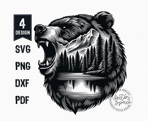 Bear Head Mountain Forest Vector Illustration, Bear SVG, Roaring Bear, Bear Double Exposure Forest Vector PNG Clipart Cut Files Engraving - Etsy