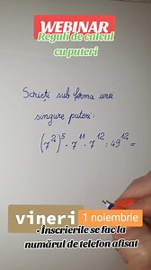 100K views · 1.2K reactions | ❗️WEBINAR VINERI , 1 NOIEMBRIE orele 10-12 - Puteri , reguli de calcul cu puteri! • Înscrierile se fac la numărul de telefon afisat ! ✅️Telefon : 0733 225 859 #lumeamatematicii #clasaa5a #mate #matematica #homeschool #metodaalgebrica #algebra #claseleprimare #meditatiimatematica #lumeamatematicii #homeschool #mate #maths #matematicastiktok #mumsoftiktok #mum | Lumea Matematicii | Facebook