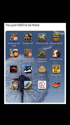 Johnny Bravo Explains Memes on Instagram: "Hey everyone, Johnny here to explain. This meme is playing on nostalgia by showing a grid of classic early-to-mid 2010s mobile games—like Pixel Gun 3D, Minecraft PE, Subway Surfers, Temple Run 2, Pou, Hill Climb Racing, Jetpack Joyride, and Roblox—with the caption “You just HAD to be there,” implying that people who grew up during that era of mobile gaming share a special, almost unexplainable emotional connection to these apps. The joke is that these g