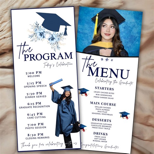 Editable Graduation Program & Menu Canva Template, Class of 2026 Party Schedule Card, Elegant Dinner Menu Printable Digital Download - Etsy
