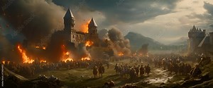 Medieval armies battling in front of a burning castle