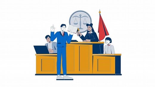 Flat Design Animation of a Courtroom Scene with Judge, Lawyer, and Jury