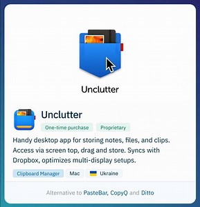 A ridiculously useful desktop shelf for clipboard history, quick notes, and temporary files that drops down instantly from the top edge with cloud sync and multi display access