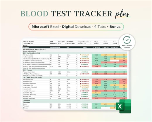 Excel Blood Test Results Tracker | Lab Test History, Blood Biomarkers, Medical Records, Bloodwork Spreadsheet, Chronic Disease - Etsy