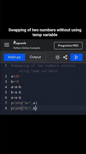Swapping of two numbers program without using temp variable -python #coding #python