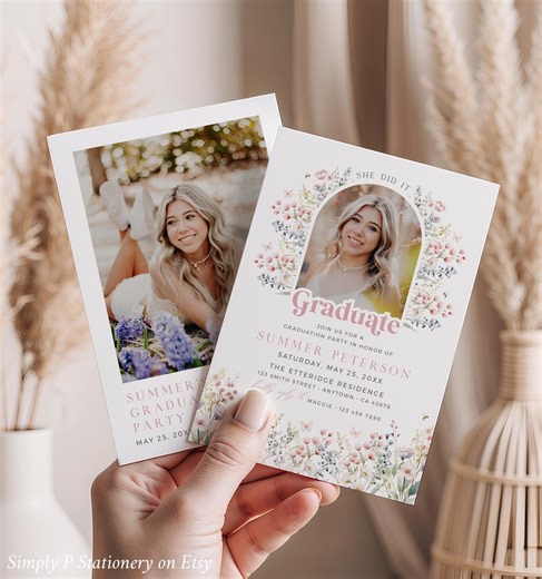 Wildflower Graduation Party Photo Invitation, Girl's Graduation Announcement Template, Feminine Grad Invite, Editable, 047-A - Etsy