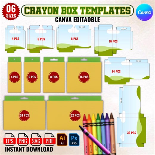 6x Crayon Box Template Bundle | Editable Canva Design | DIY Crayon Box SVG | School Supply Party Favor | Printable Crayon Packaging Digital - Etsy