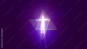 A looped 3D animation of the rotation of two tetrahedrons (Merkaba) inside which is a luminous man.