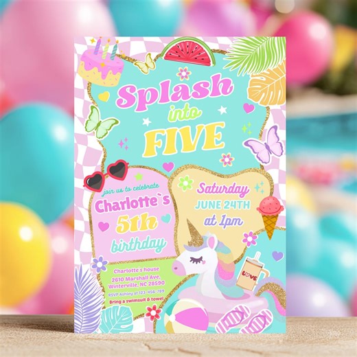 Editable 5th Pool Party Birthday Invitation, Summer Dive into Five, Preppy Swimming Splash Pad, Instant Download