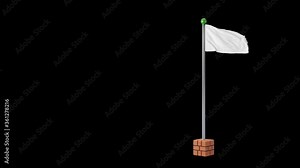 Alpha channel 3D Animation White flag waving on a orange brick block base pole ,Copy space for insert your content.