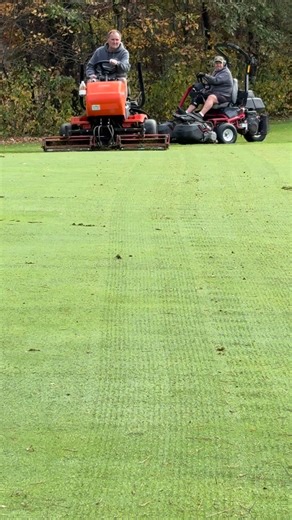 Fall maintenance at the golf course is now complete! This year instead of traditional aeration by punching holes in the greens to de thatch, we verti-cut the greens ( vertical mowing).It’s a much less invasive procedure to de-thatch our precious bent grass! After verti cutting, a Greens mower goes over the top and cleans everything up. You can see the difference from the verti-cut green to the freshly mowed green. We can’t thank our amazing grounds crew enough for all of the work they do on the 