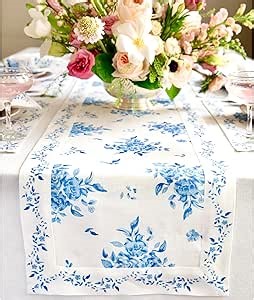 Solino Home Blue Floral Print Table Runner 48 inch - 100% Pure Linen Table Runner 14 x 48 Inch for Spring, Summer, Mothers Day - Handcrafted and Machine Washable - Jolie Fleur Print