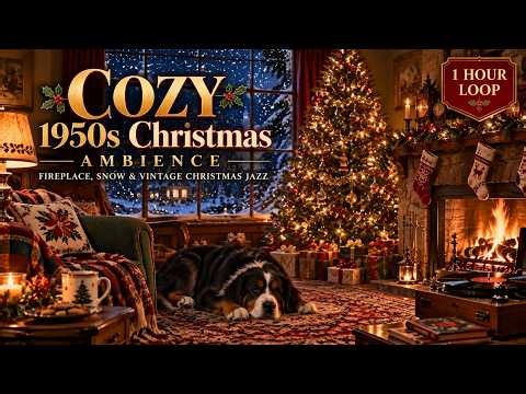COZY 1950s Christmas Ambience 🎄🔥 Fireplace, Snow & Vintage Christmas Jazz | 1 Hour Loop