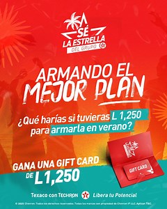 ¿Ya tienes tu plan perfecto para este verano? Cuéntanos lo que estás planeando y participa con nosotros para que el verano de tus sueños se haga realidad​ 🎁 Premio: Una gift card con L1,250 para hacer tu plan de verano realidad!​ ¿Cómo participar?​ 👉Síguenos en Facebook & Instagram (@TexacoHonduras y @Texaco_hon) y dale like a esta publicación.​ 👉Deja en los comentarios cómo aprovecharías L1,250 de presupuesto para armar un plan de verano. 📲​ 👉Consigue la mayor cantidad de likes en tu comen